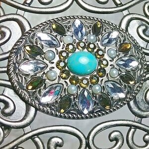 Brown Tooled Leather Belt, Rhinestone Buckle Turquoise Pearl Topaz size 41